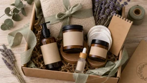 Coffret beauté bio ouvert, cosmétique éthique sur table en bois clair