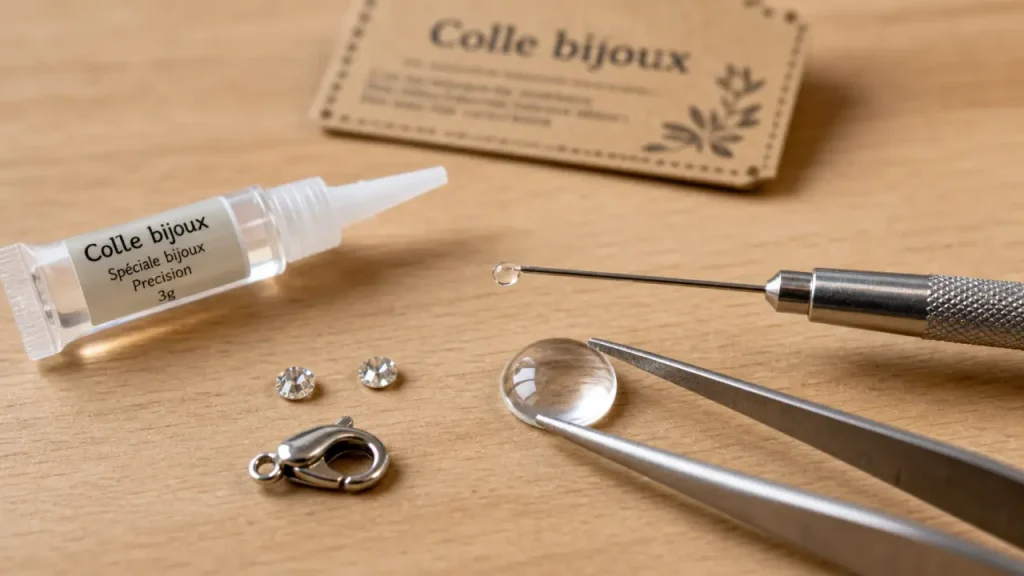 Colle bijoux : tube transparent et goutte de colle sur cabochon en verre et strass