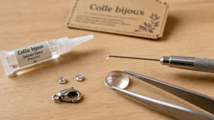 Colle bijoux : tube transparent et goutte de colle sur cabochon en verre et strass