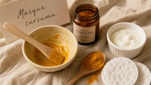 Curcuma bienfaits sur la peau : masque visage au curcuma, poudre et crème sur tissu beige