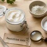 Dentifrice huile de coco maison, pot en verre et ingrédients