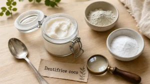 Dentifrice huile de coco maison, pot en verre et ingrédients