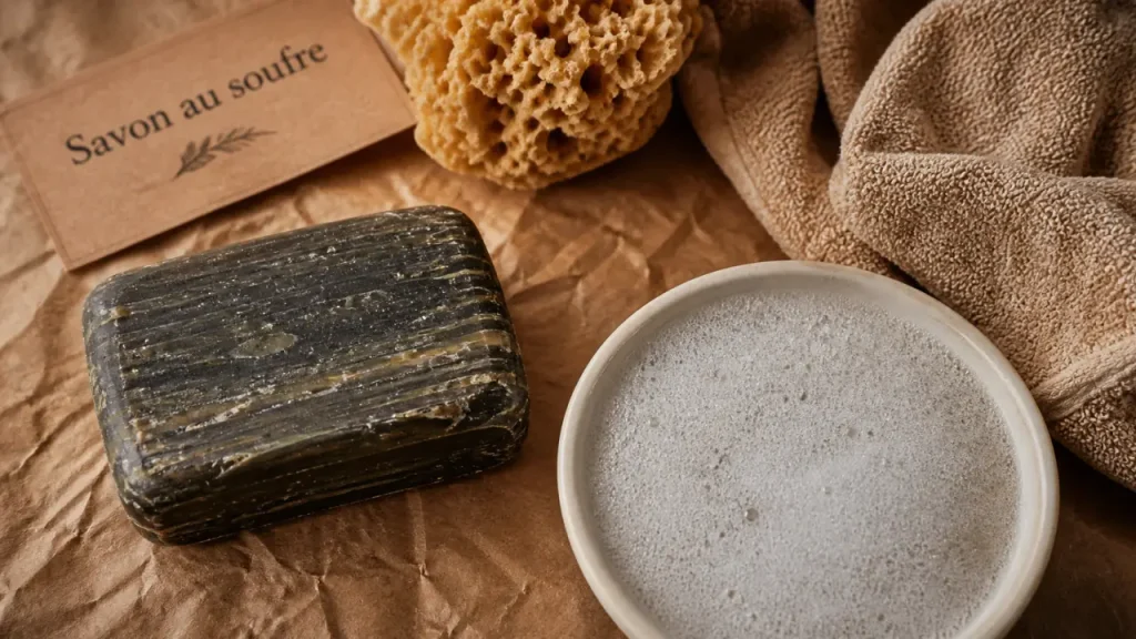 Dermasoufre savon au soufre pour acné, mousse granuleuse