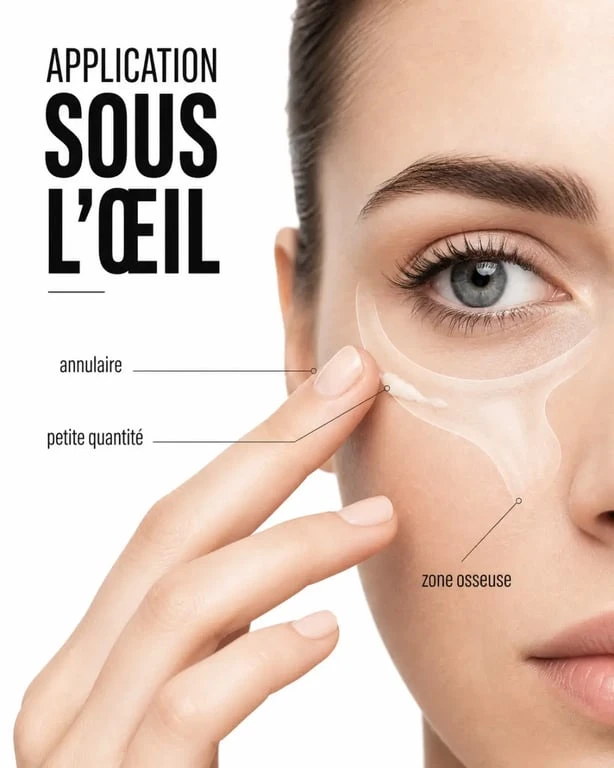 Crème anti cernes appliquée délicatement sous l’œil sur la zone osseuse avec une petite quantité de produit