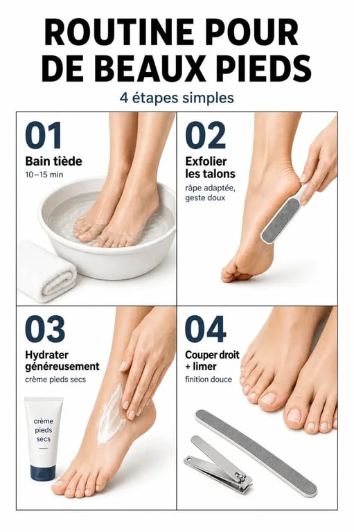 Comment avoir de beaux pieds : routine en 4 étapes avec bain de pieds, exfoliation, hydratation et soin des ongles