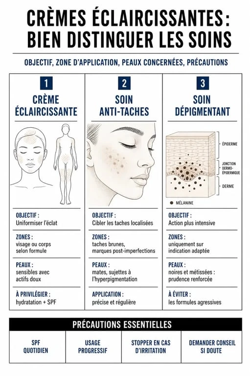 Infographie sur la creme eclaircissante : différences entre éclaircissante, anti-taches et dépigmentante