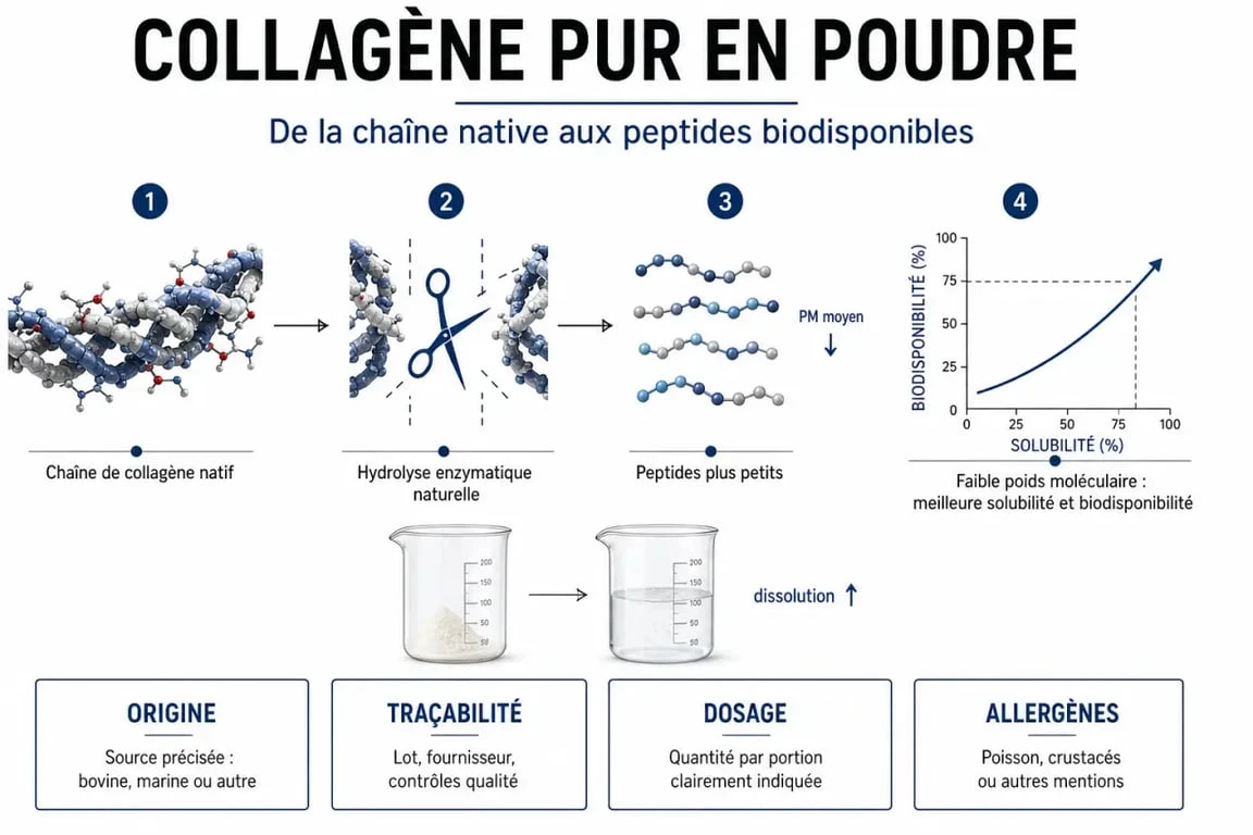 Collagène pur : schéma des critères clés entre hydrolyse, poids moléculaire et traçabilité