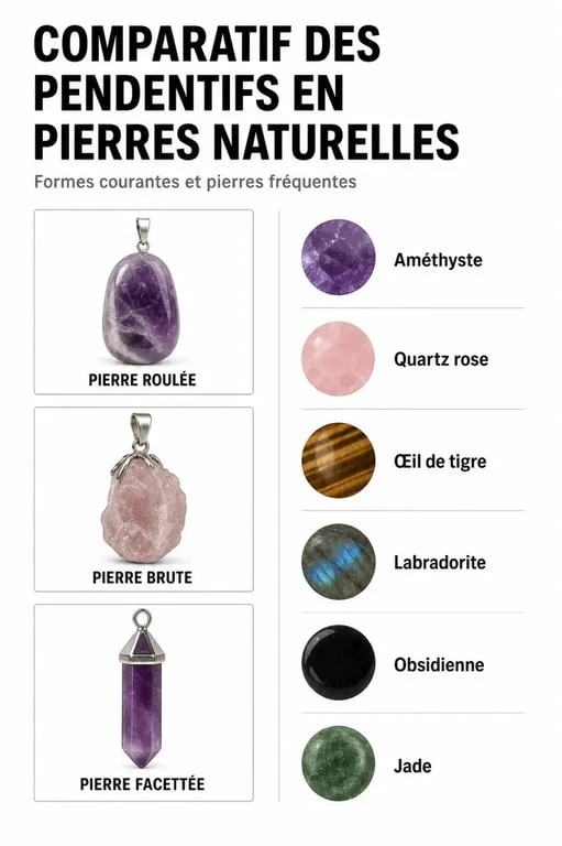 Comparatif des pendentifs pierres naturelles selon la forme et la pierre