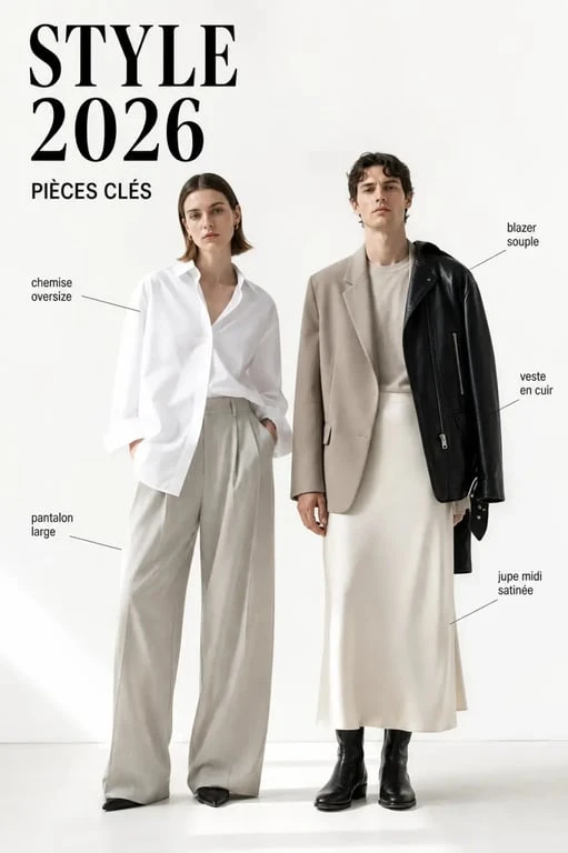 Style vestimentaire 2026 : pièces clés avec chemise oversize, pantalon large et blazer souple