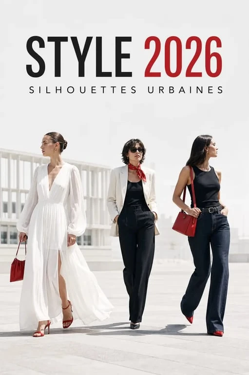 Style vestimentaire 2026 : silhouettes mode avec robe longue fluide, blazer léger et accent rouge
