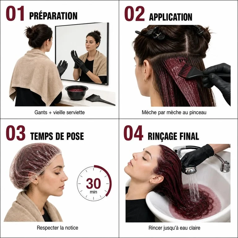 Teinture cheveux bordeaux : application maison étape par étape