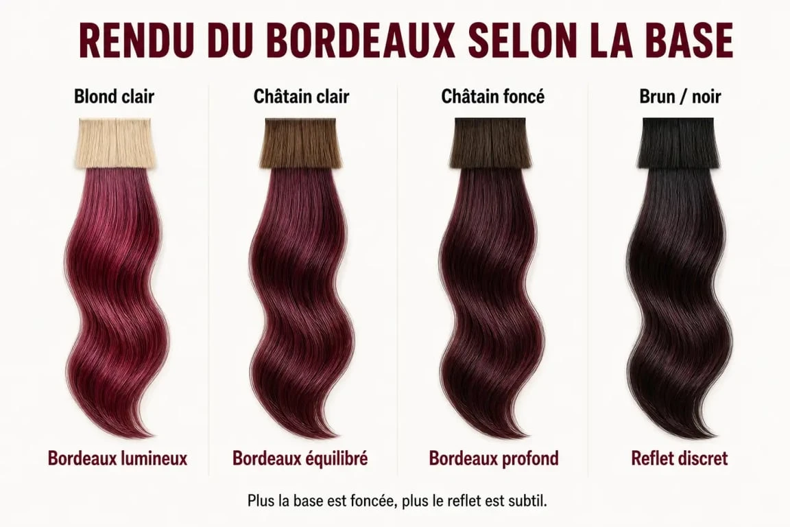 Teinture cheveux bordeaux : rendu comparé sur blond, châtain et brun