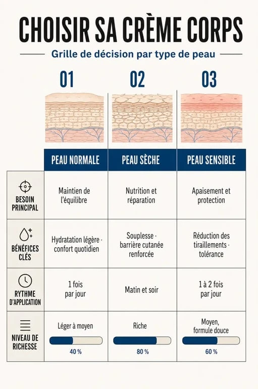 Crème corps : grille de choix selon le type de peau, la sécheresse et le moment d’application
