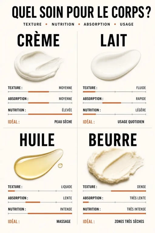 Crème corps : comparatif visuel entre crème, lait, huile et beurre pour choisir la bonne texture