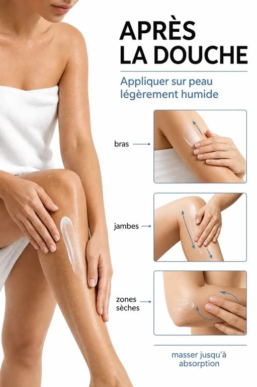 Crème corps : application après la douche sur peau légèrement humide pour limiter le film gras