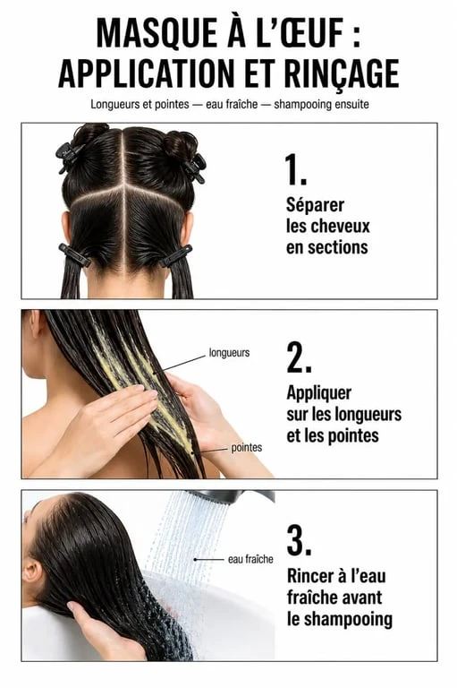 Oeuf pour les cheveux : application du masque sur les longueurs puis rinçage à l’eau froide