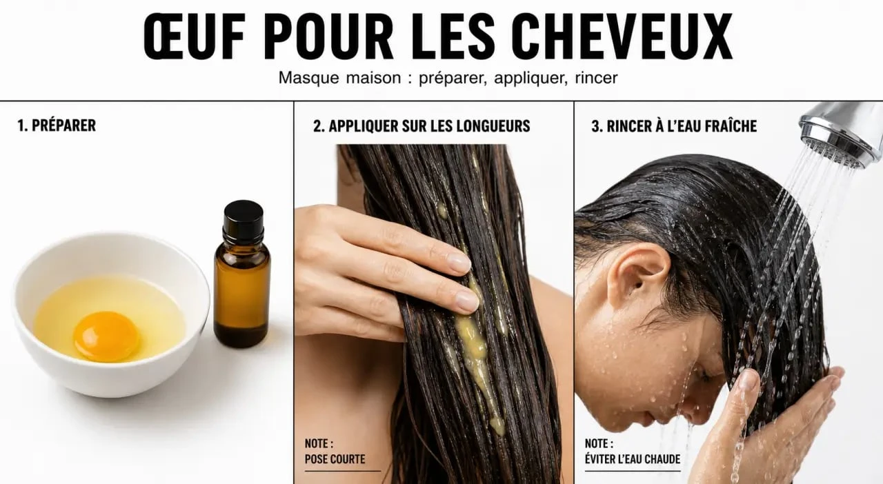 Oeuf pour les cheveux : choix entre jaune, blanc et œuf entier, application mèche par mèche et rinçage à l’eau froide