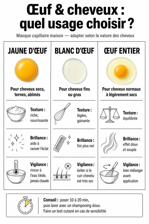 Oeuf pour les cheveux : comparaison entre jaune d’œuf, blanc d’œuf et œuf entier selon le type de cheveux