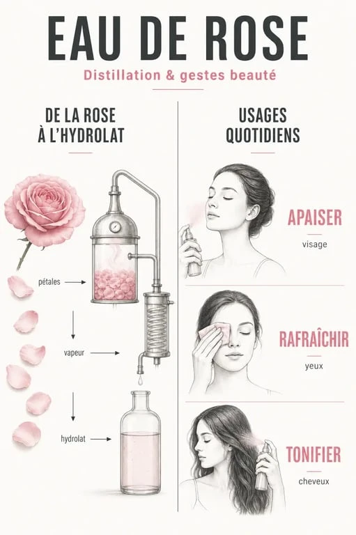 Eau de rose bienfait : schéma éditorial sur la distillation, la différence hydrolat et huile essentielle, et les usages beauté