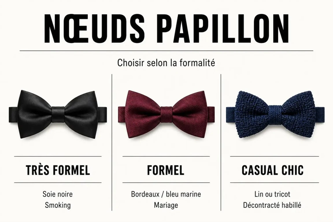Noeuds papillon homme : comparaison visuelle des matières et des usages selon l’occasion