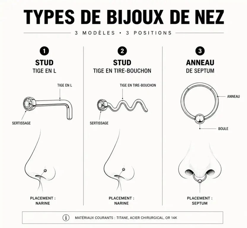 Schéma illustrant les différents types de bijoux pour piercing nez bijoux : stud en L, tire-bouchon et anneau