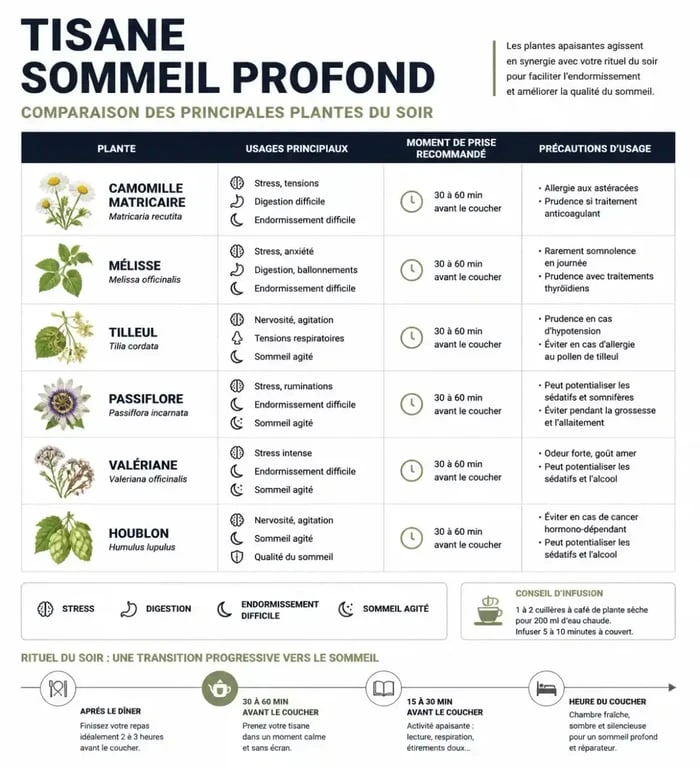 Infographie sur la tisane sommeil profond et les plantes du soir pour mieux dormir