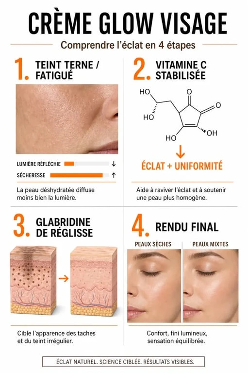 Infographie crème glow visage : actifs, effets et types de peau