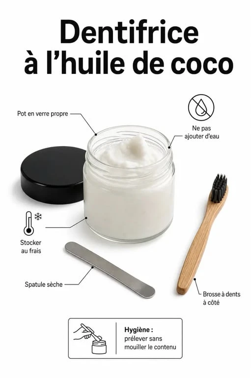 Conservation et hygiène du dentifrice huile de coco dans un pot en verre