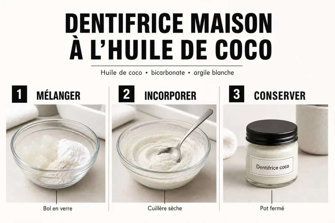 Préparation du dentifrice huile de coco maison en trois étapes sur plan de travail