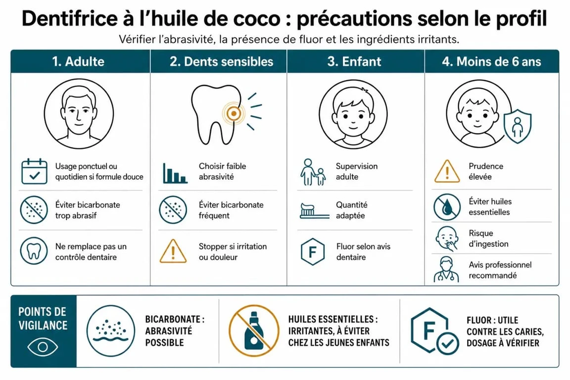 Précautions du dentifrice huile de coco selon le profil d’utilisateur