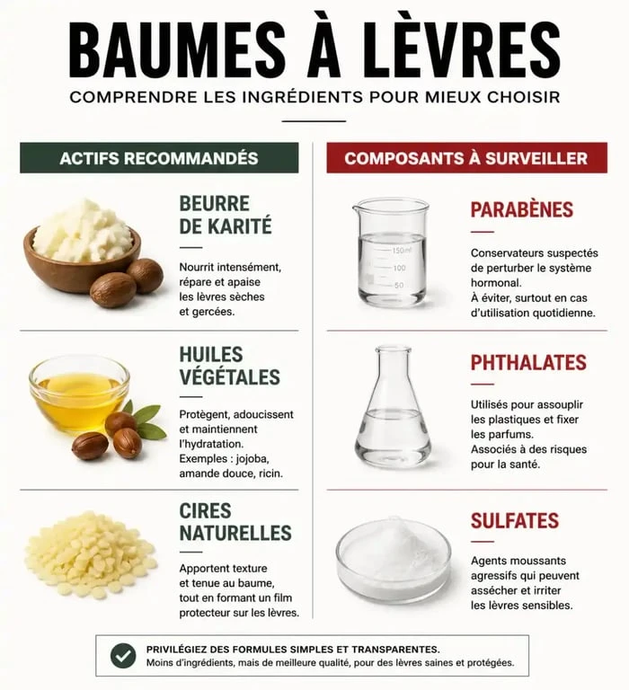 Infographie des ingrédients clés et à éviter dans un baume pour les lèvres pour une routine soin saine.