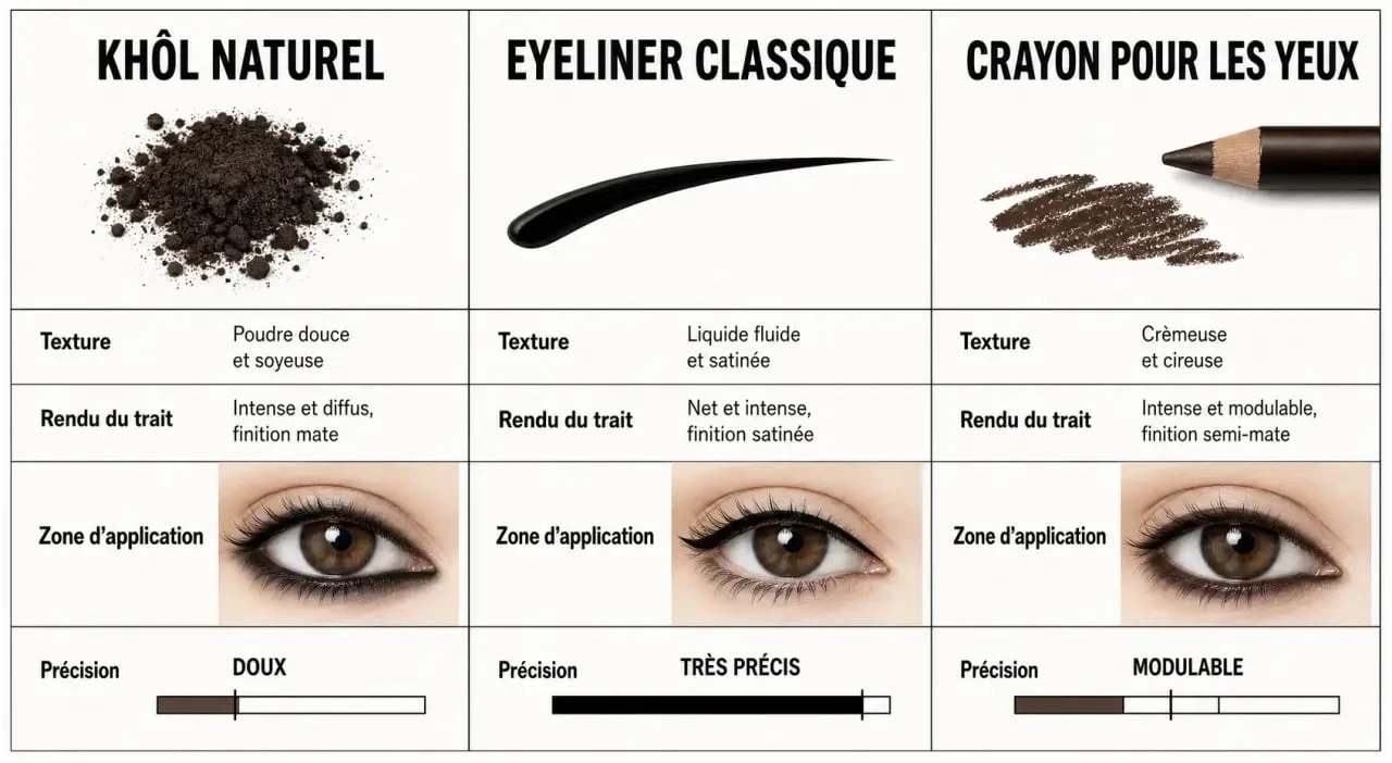 Khôl pour les yeux : comparaison visuelle entre khôl naturel, eyeliner et crayon pour les yeux