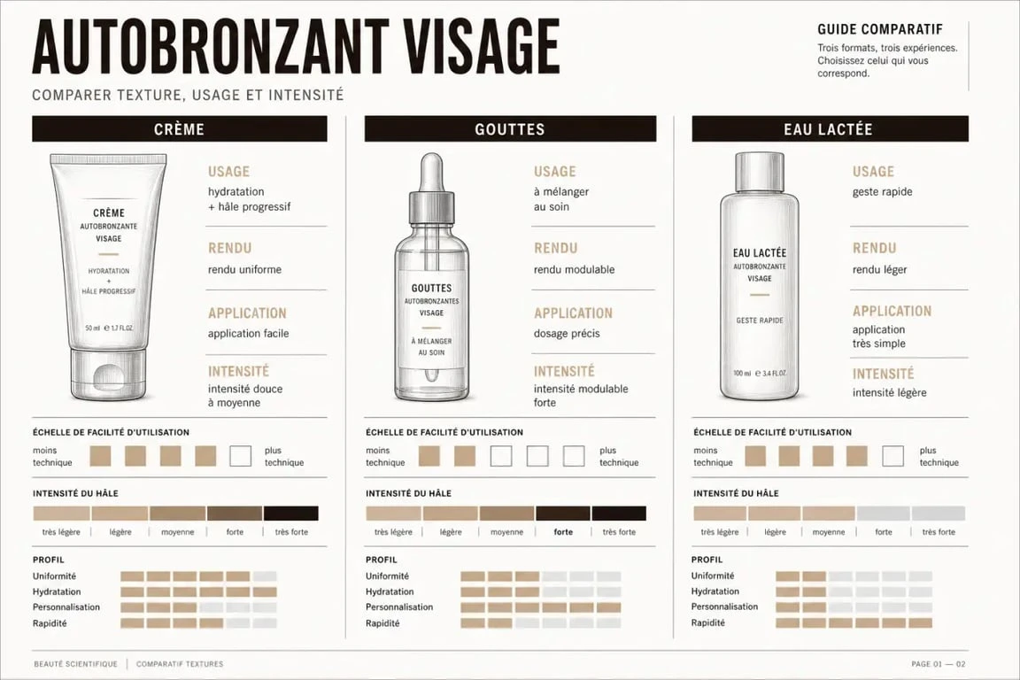 Crème visage autobronzante : comparaison des formats crème, gouttes et eau lactée