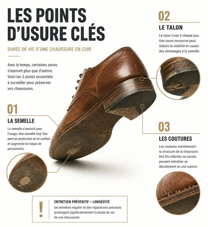 Schéma des points d'usure d'une chaussure en cuir pour savoir quand aller chez le cordonnier