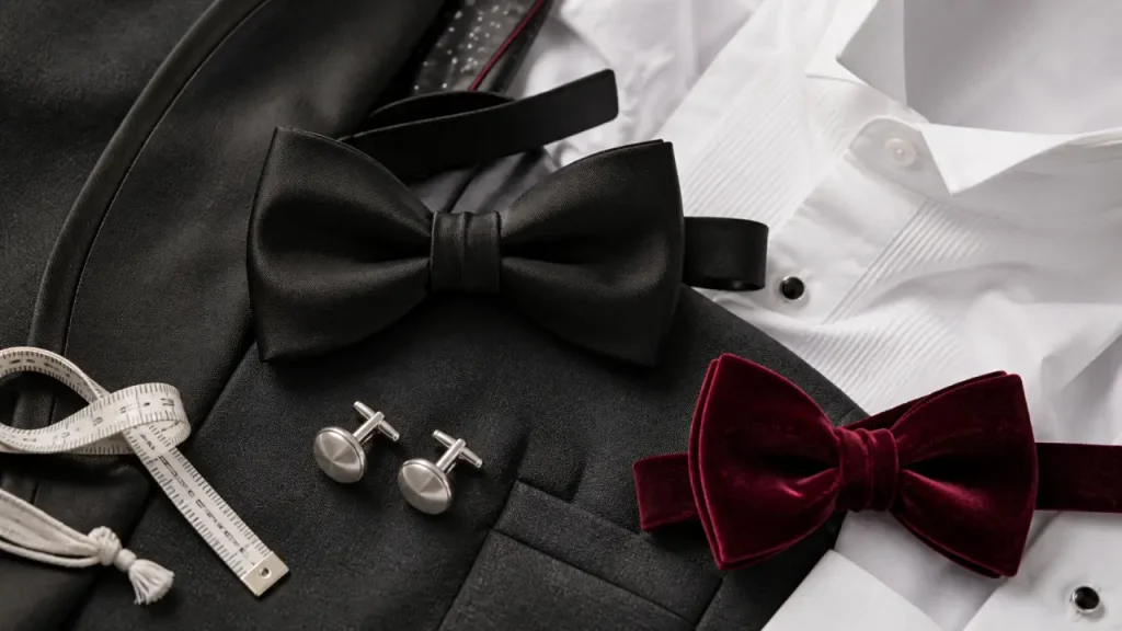 Noeuds papillon homme : soie noire pré-noué et velours bordeaux sur tissu smoking