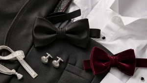 Noeuds papillon homme : soie noire pré-noué et velours bordeaux sur tissu smoking