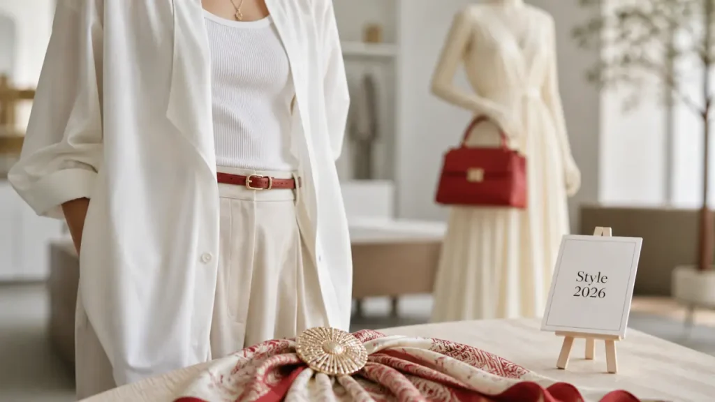 Style vestimentaire 2026 : accessoires mode, broche dorée et couleurs tendance
