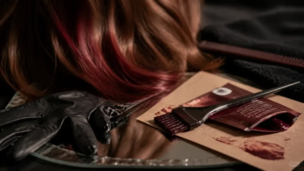 Teinture cheveux bordeaux : mèches bordeaux sur cheveux châtains, application au pinceau