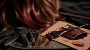 Teinture cheveux bordeaux : mèches bordeaux sur cheveux châtains, application au pinceau