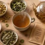 Tisane sommeil profond : tasse fumante avec valériane, passiflore et camomille