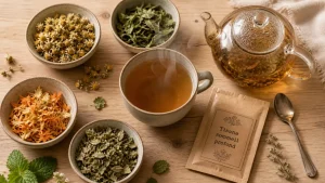 Tisane sommeil profond : tasse fumante avec valériane, passiflore et camomille