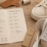 Chaussures éthiques : étiquette traçabilité et fiche produit sur papier recyclé