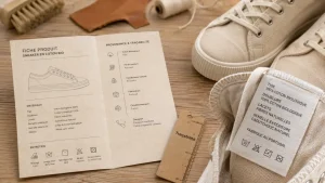 Chaussures éthiques : étiquette traçabilité et fiche produit sur papier recyclé
