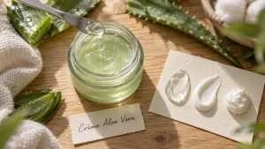 Crème aloe vera visage : pot et gel sur table bois