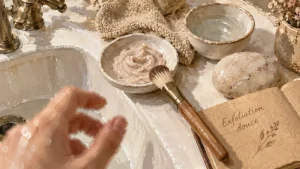 Crème exfoliante visage sur un godet : exfoliation douce