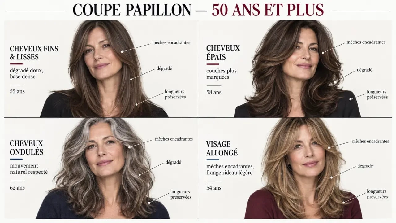 Coupe papillon femme 50 ans adaptée aux cheveux fins, épais, lisses et ondulés