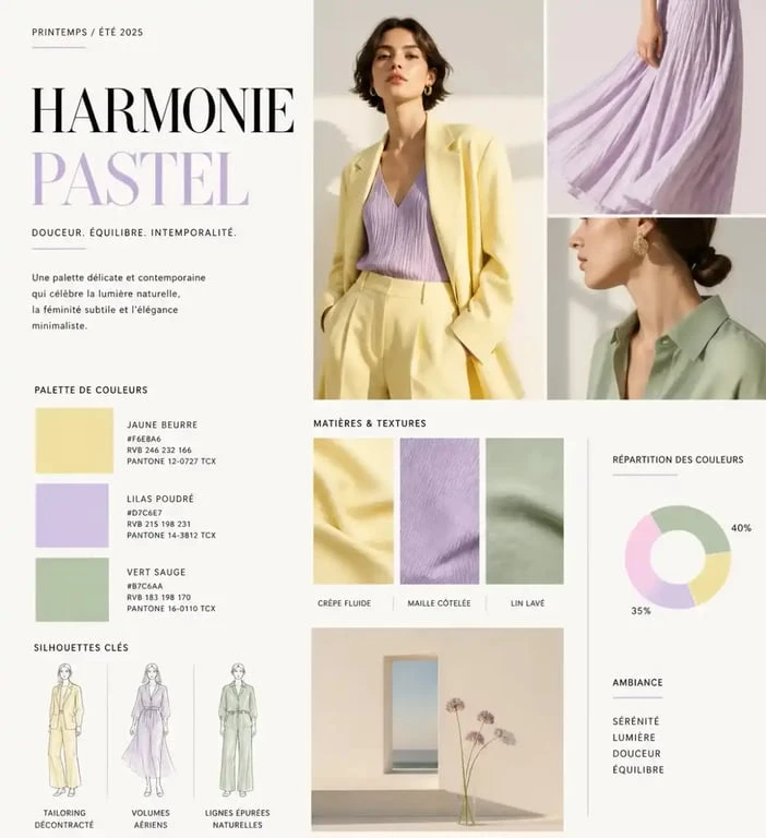 Palette de couleurs pastel tendance mode printemps-été 2026 jaune beurre et lilas