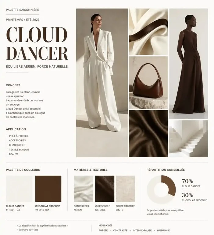Palette de couleurs neutres tendance mode printemps-été 2026 avec le Cloud Dancer et le chocolat