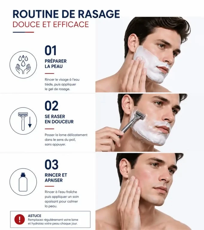 Illustration des étapes pour prévenir la rougeur après rasage
