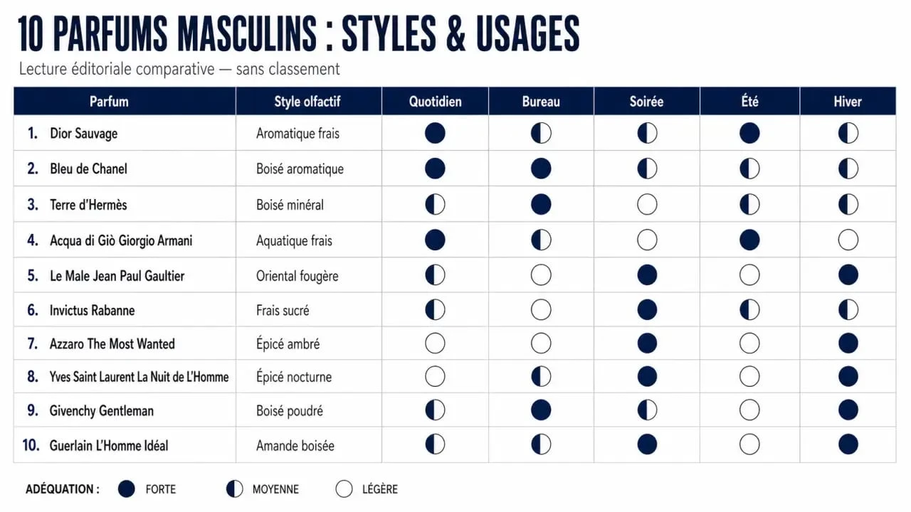 Infographie des meilleurs parfum hommes avec 10 fragrances, styles olfactifs et occasions d’usage
